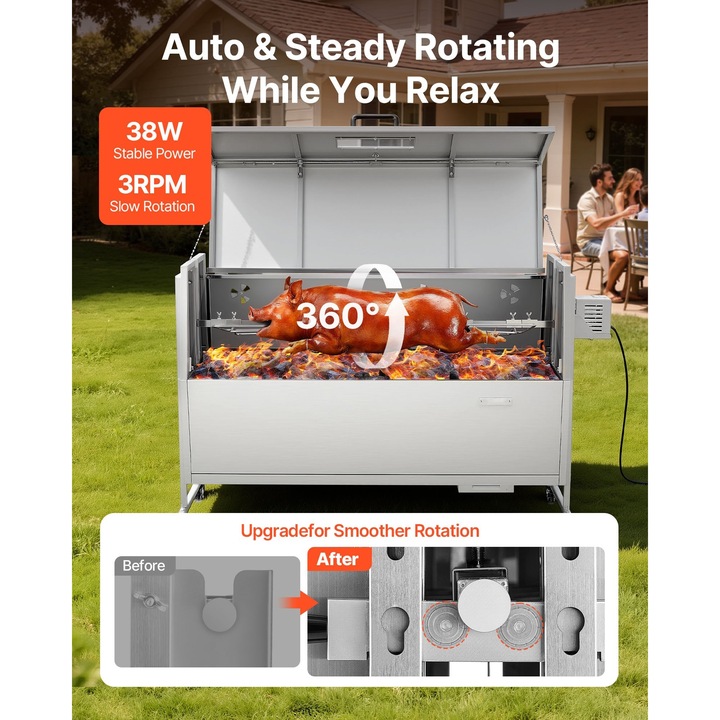 Скара с шиш на дървени въглища, шиш за прасе и агне, капацитет 60 кг, мотор 38 W, регулируема височина на 4 нива, неръждаема стомана, с колела, за къмпинг и партита