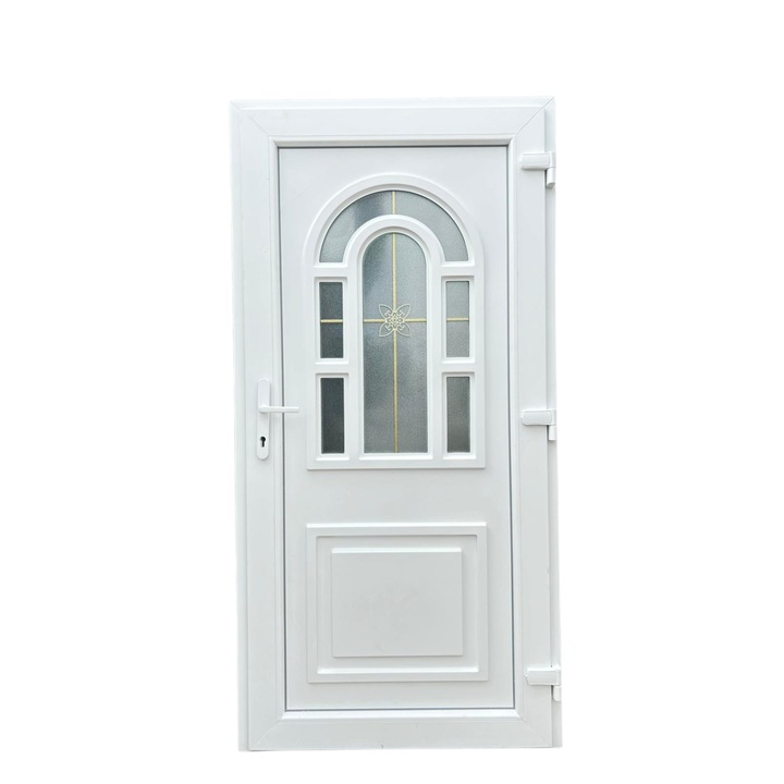 Usa PVC Termopan Alba cu insertii aurii 100x200cm, Profil 5 Camere, Grosime 7 cm, 3 balamale reglabile, Prag de aluminiu termoizolant, Inchidere multipunct Geam Mat cu model decorativ, Maner+Butuc Incluse