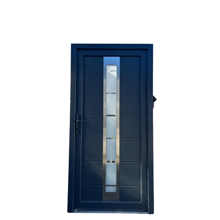 Usa PVC Termopan Antracit Insertie Inox 100x200cm, Profil 5 Camere, Grosime 7 cm, 3 balamale reglabile, Prag de aluminiu termoizolant, Inchidere multipunct Geam Mat cu model decorativ, Maner+Butuc Incluse