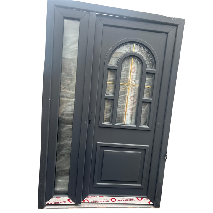 Usa PVC Termopan Antracit Dubla cu Panel 130x200cm, Profil 5 Camere, Grosime 7 cm, 3 balamale reglabile, Prag de aluminiu termoizolant, Inchidere multipunct Geam Mat cu model decorativ, Maner+Butuc Incluse