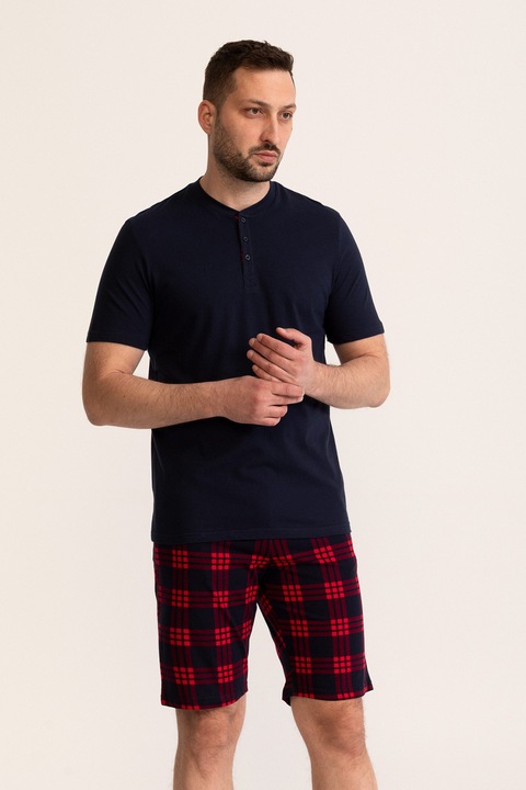 Soft & Seven BY SOFIAMAN, Pijama din bumbac cu pantaloni scurti Tartan, Bleumarin