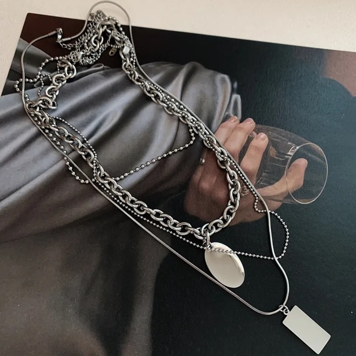 Colier IZMAEL JA-38329, ezüstszínű, 4 lánc, ötvözet anyag, 52x5cm + 47x5cm + 41x5cm + 37x5cm