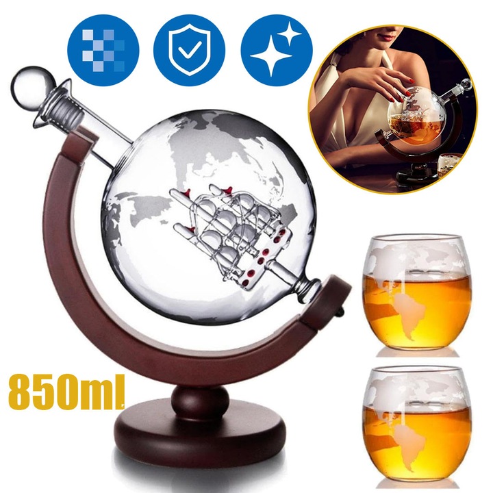 Set decantor și pahare, CHOOLY, 850ml, glob gravat, 2 pahare 250ml, lemn