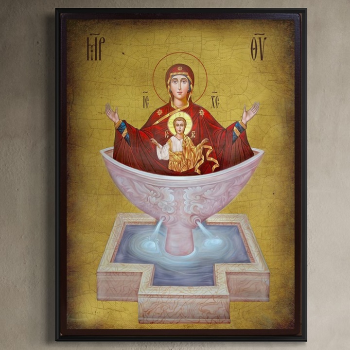 Tablou Canvas Premium, LuxCanva® H1077, Rama Aluminiu Black, Icoana Maicii Domnului Izvorul Tamaduirii, 45 X 60 CM, Panza Bumbac 100% 400g/m2, Sasiu, Lemn, Icoana, Viata, Har, Ajutor, Vindecare, Speranta, Mantuire, Mangaiere, Ortodoxie, Living, Dormitor