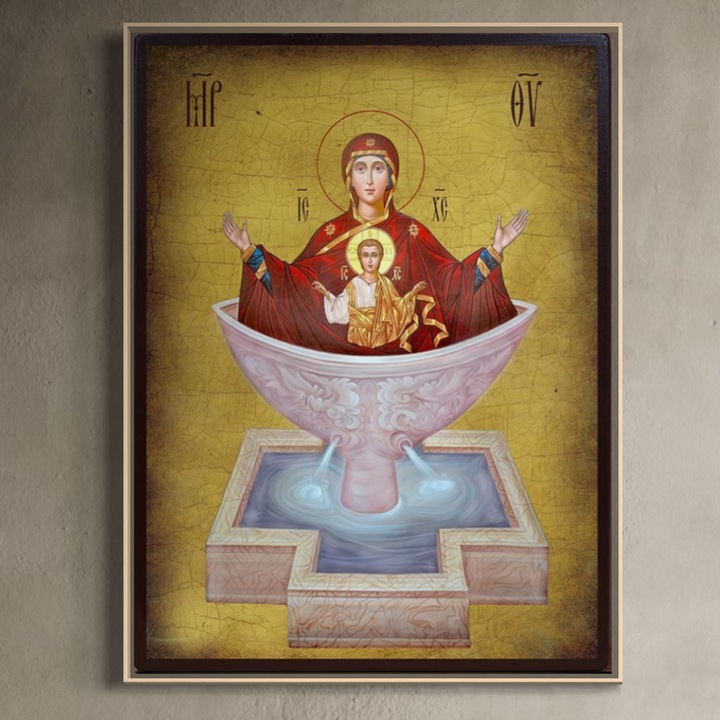 Tablou Canvas Premium, LuxCanva® H1077, Doar Sasiu Lemn, Icoana Maicii Domnului Izvorul Tamaduirii, 75 X 100 CM, Panza Bumbac 100% 400g/m2, Sasiu, Lemn, Icoana, Viata, Har, Ajutor, Vindecare, Speranta, Mantuire, Mangaiere, Ortodoxie, Living, Dormitor