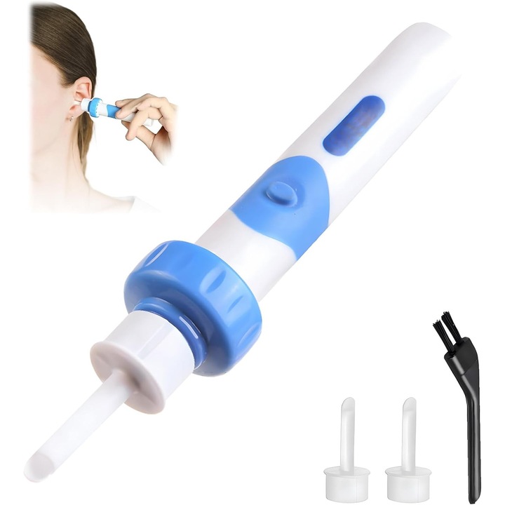 Aspirator electric pentru curatarea urechilor cu ventuza, capete lavabile interschimbabile, albastru