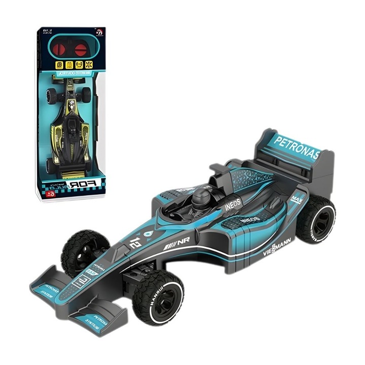 Masina cu telecomanda RC 1:18, Model Formula 1, Curse si Viteza 10 km/h, Jucarie RC pentru copii 6+ ani, Negru/Albastru