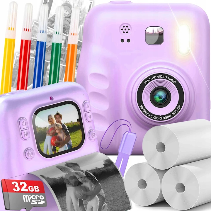 Детски фотоапарат/видеокамера с моментален печат, 2.4 инчов екран, 32 GB TF карта, USB зареждане, 5 включени маркера, 3 ролки хартия за моментален печат за детски фотоапарати