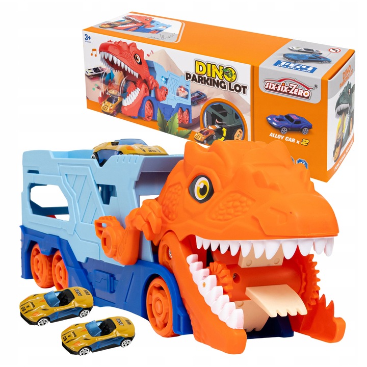 Camion dinozaur mancator de masinute parcare platforma pentru copii + 2 masinute metalice