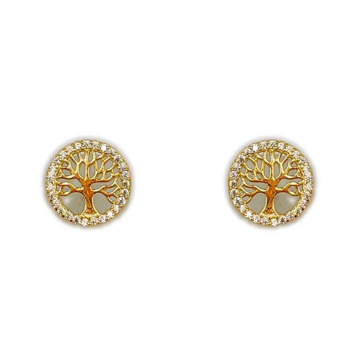 Cercei EA014235, argint 925, auriu, Copacul Vietii, 10mm, cristale argintii