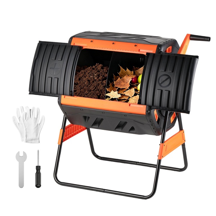 Compostor rotativ cu tambur, Cu 2 camere, Capacitate 200 L, Doua usi culisante, Sistem de aerare, Rotire rapida usor de actionat, Pentru gradina si deseuri din bucatarie