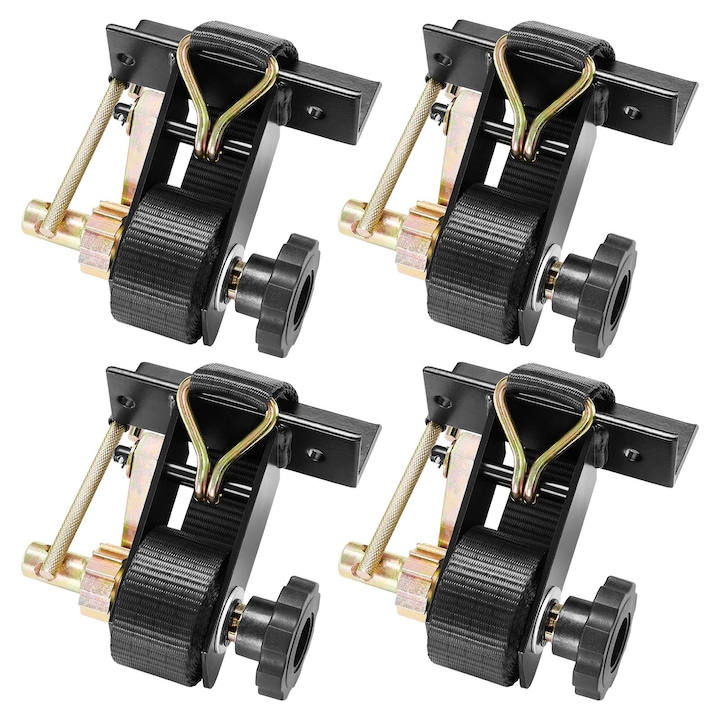 Chingi de ancorare cu clichet pentru suport scari, Set 4 bucati, Latime 3.8 cm, Lungime 2.25 m, Carlige duble J, Capacitate 226.8 kg, Prindere pe teava patrata, Negru