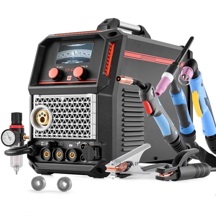 5 az 1-ben plazmavágó és hegesztőgép, CUT/TIG/MIG/MMA inverter, 50A érintésmentes plazma, 200A szinergikus hegesztés, 220V, MIG/MAG impulzus alumínium, Kompatibilis huzaladagolós pisztollyal