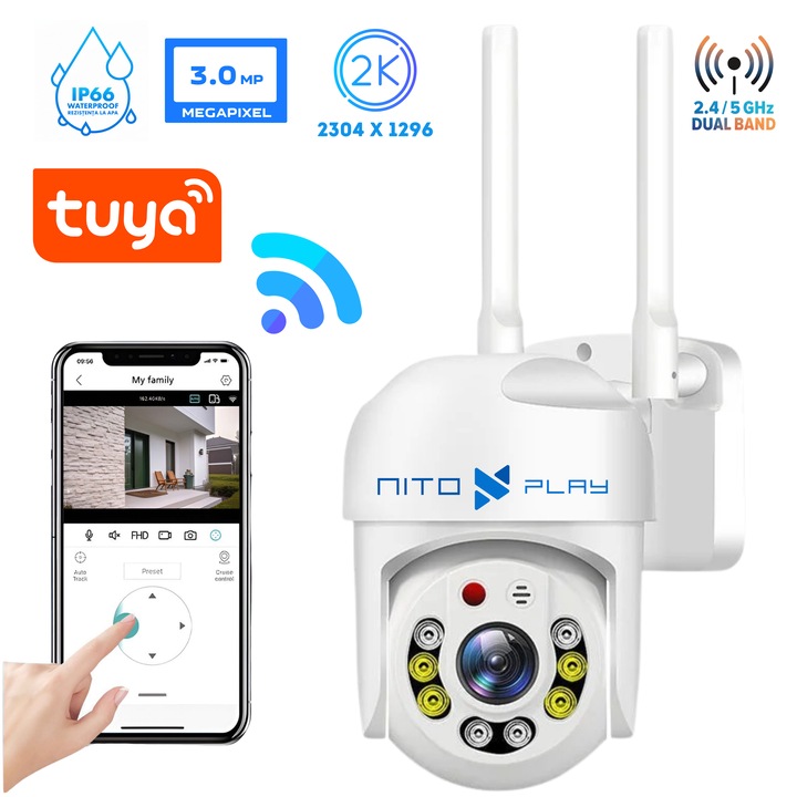 Камера за наблюдение NITOPLAY Q7 PRO, 2K, WiFi, нощно виждане, водоустойчива, за вътрешно/външно ползване