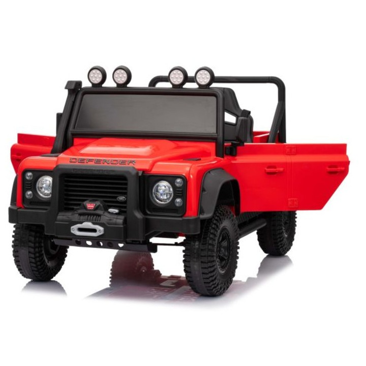 Електрическа кола за деца Land Rover Defender 110 SVX 12V, червена, задвижване 4X4, LED светлини, предно и задно окачване, дистанционно управление 2.4 GHz, USB/Aux вход, Bluetooth, литиева батерия, мотор 4 X 25W, ОРИГИНАЛЕН лиценз