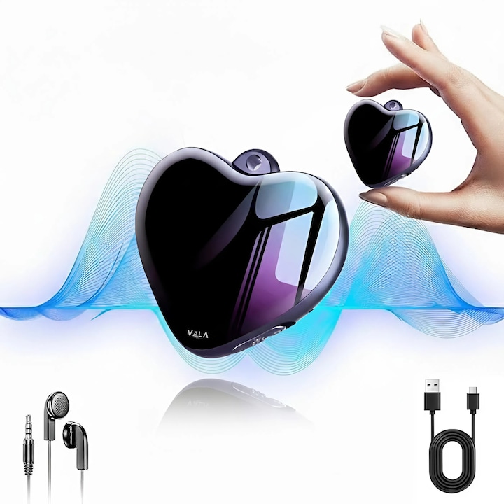 Mini Reportofon Spion Inima 16GB ®️Vala Tech Whisper X,192H Inregistrari, Reportofon Ascuns, Activare Vocala, DSP, Recorder Audio Discret Medalion, Mini Reportofon Digital Portabil, Inregistrare Sedinte, Interviuri, Studenti, Autonomie Mare