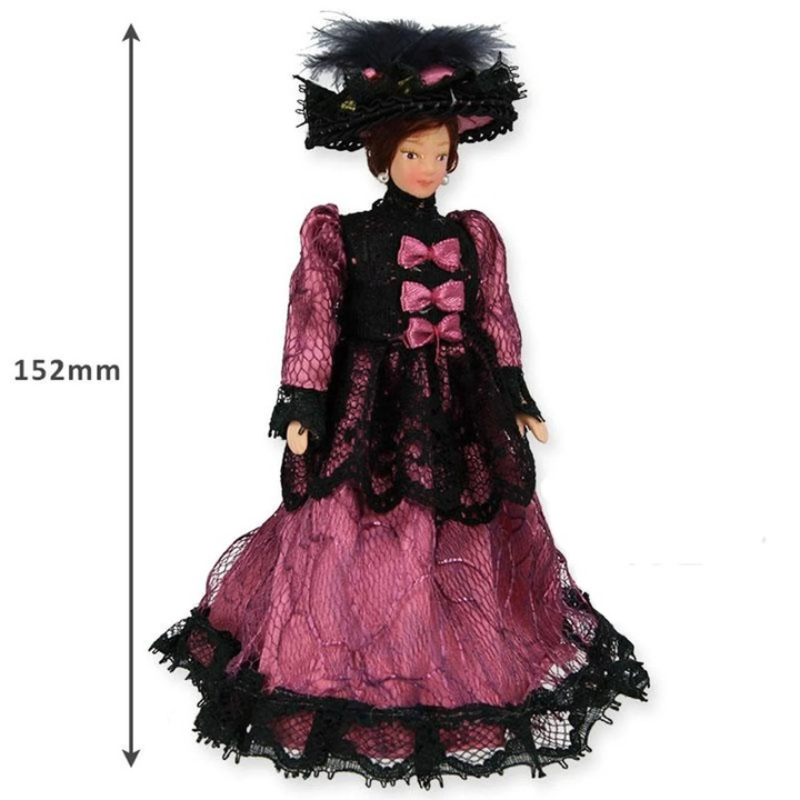 Papusa din portelan scara 1/12 cu rochie bordeaux de epoca, palarie si suport