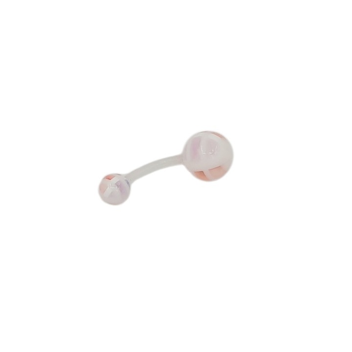 Percing de buric din silicon cu bile de plastic la capete de 8 si 4 mm cu figuri geometrice alb, albastru, mov si rosu 2, 5 cm Berta