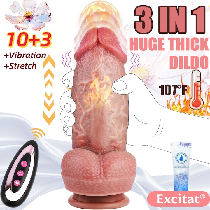 Dildo realist, gros si ferm 3 in 1, Excitat®, cu 10 vibratii, 3 moduri de intindere, caldura, stimulare a punctului G si orgasm, silicon, impermeabil, cu baza cu ventuza, culoarea pielii
