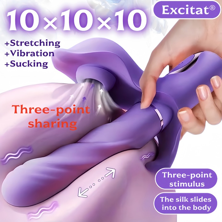 Vibrator cu suctiune pentru femei, Excitat®, stimulare dubla punct G si clitoris, 10 niveluri de vibratie, incarcare USB, impermeabil, din silicon medical, jucarie erotica, violet