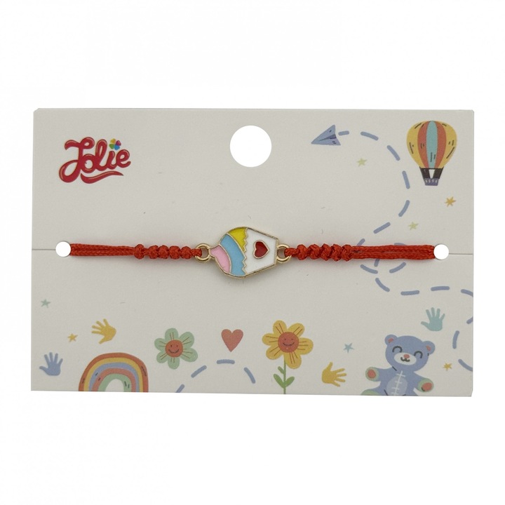 Bratara copii Jolie, model Prajitura, snur rosu impletit, multicolor, reglabil