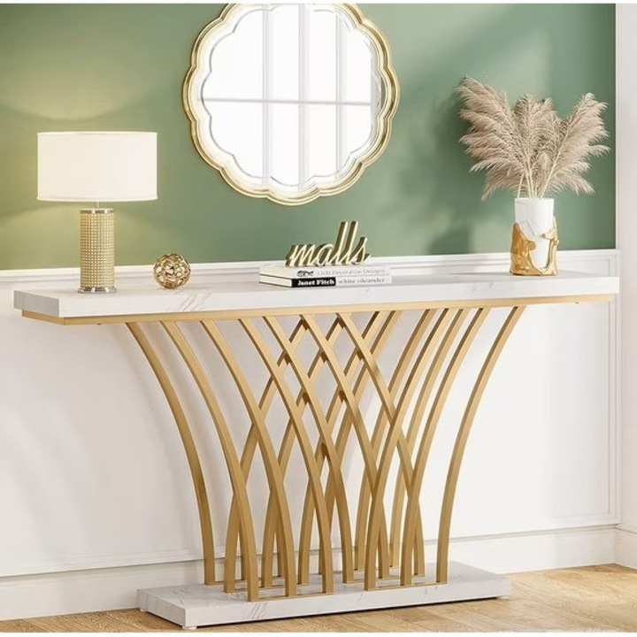 Consolă Tribesigns HOGA-F1715, Finisaj marmură metalic, Auriu+Alb, 150x30x80cm