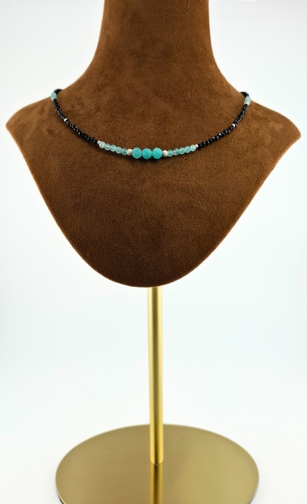 Colier filimorphia cu pietre naturale, Amazonit, Calcedonie Albastra, Turmalina Neagra, si accesorii din Argint 925, realizat manual, 40.5 CM