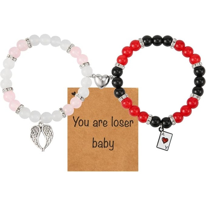 Set 2 brățări de prietenie, brățară magnetică cu inimă, neagră și roșie, albă și roz, cu felicitare