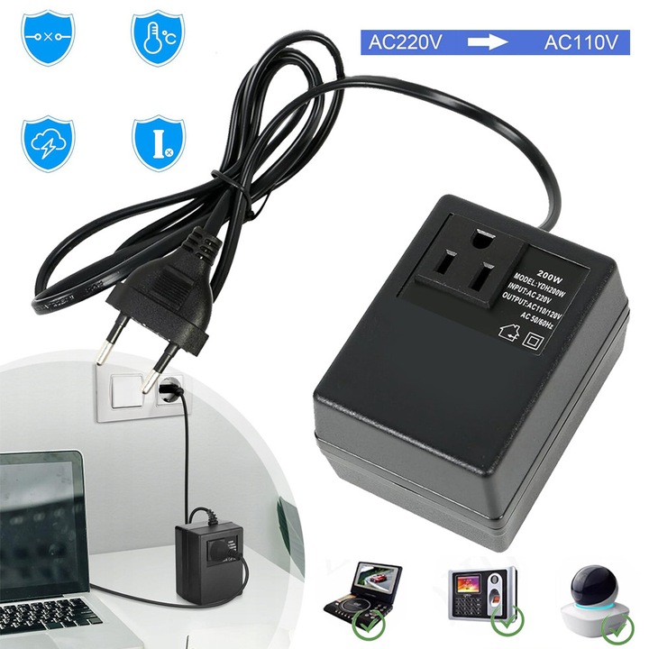 Захранващ адаптер, 200W AC 220V към 110V захранващ трансформатор за WiFi, POS устройства и външни батерии, черен, европейски щепсел