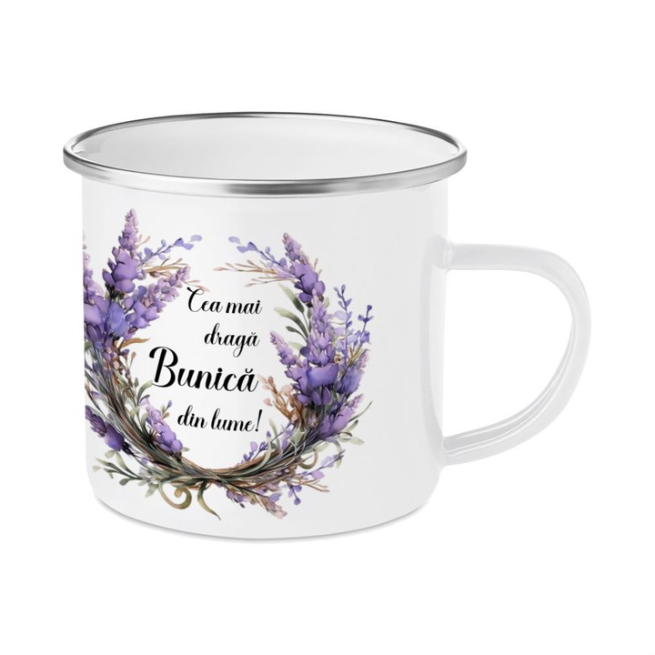 Cana personalizata alba, lavanda, 350 ml, dedicatie "Bunica"