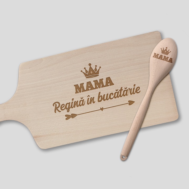 Set cadou tocător și lingură din lemn gravat, 39.5x18x1.5cm, 31x5.5cm, multicolor