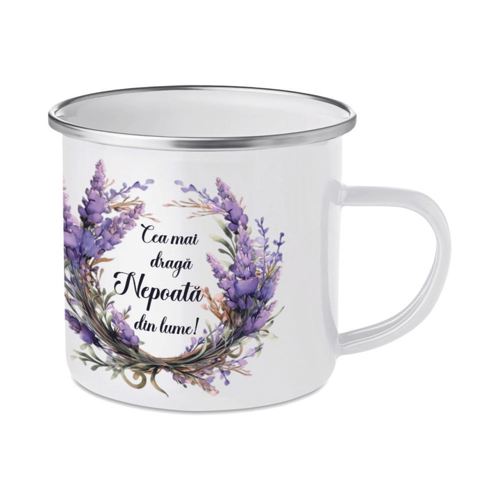 Cana personalizata emailata alba, dedicatie Nepoata, tematica lavanda, 350 ml