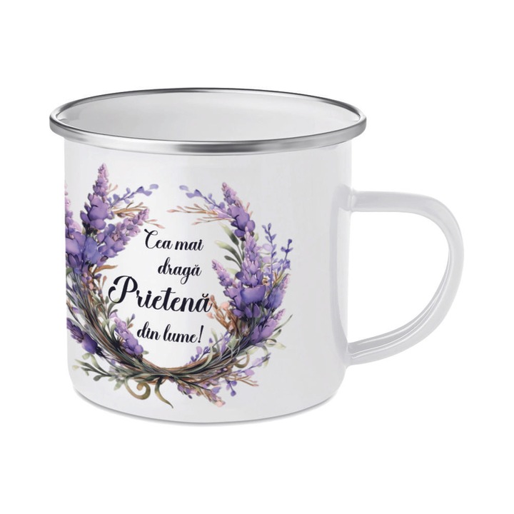 Cana personalizată albă, tematica lavandă, 350 ml, dedicatie "Prietena"