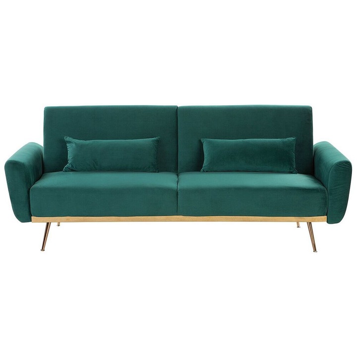 Canapea extensibilă Beliani Eina, 3 locuri, catifea verde smarald, dimensiuni 210x81cm, include 2 perne decorative