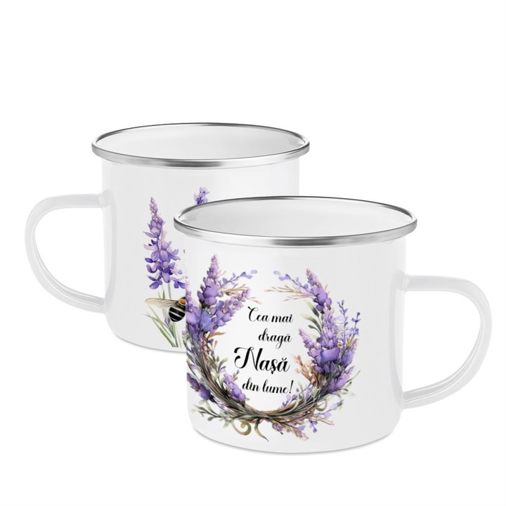 Cana personalizata alba, tematica lavanda, 350 ml, cu dedicatie pentru Nasa