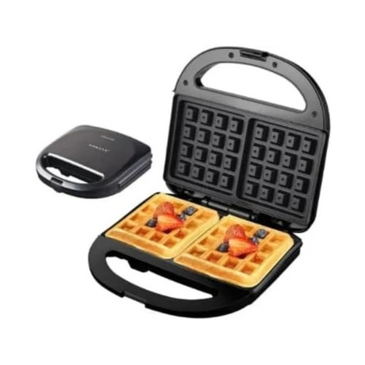 Aparat de vafe, putere 750W, placi cu invelis antiaderent pentru curatare usoara, incalzire rapida, maner rece la atingere, negru
