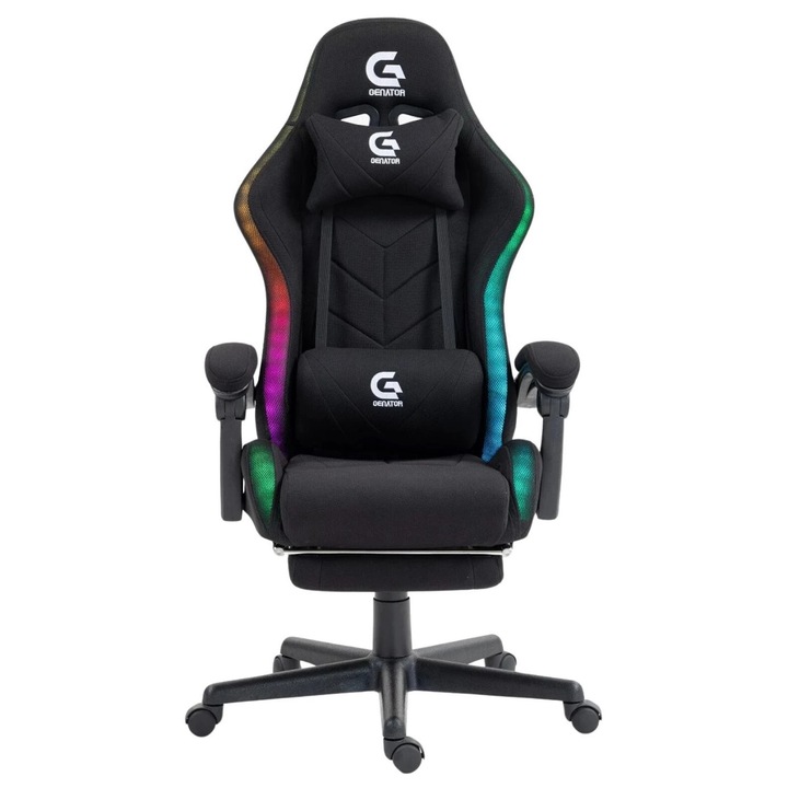 Scaun Gaming TOPSCAUNE®, Masaj Prin Vibratii In Perna Lombara, Iluminare LED RGB Tip Banda Cu Telecomanda, Suport Picioare Retractabil, Spatar Ergonomic Recliner 90-135°, Perne Lombara Si Cervicala Detasabile, Tapiterie Material Textil Rezistent, Negru