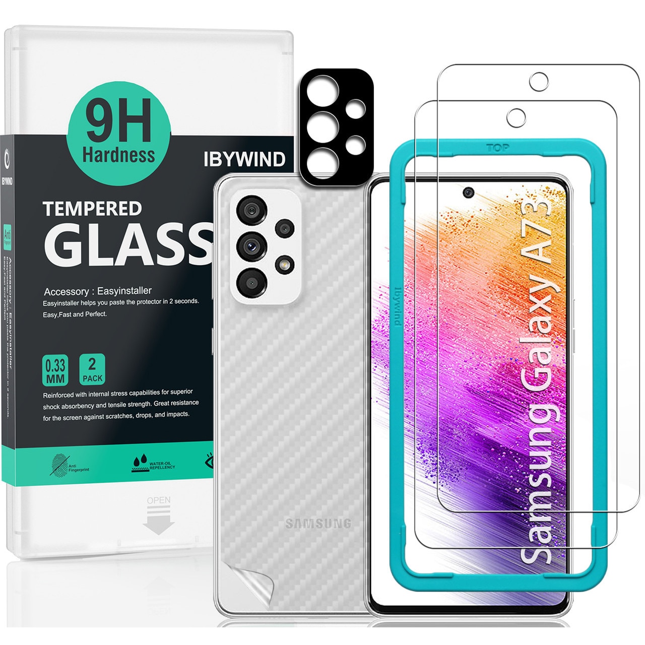 Folie Sticla Ibywind pentru Samsung Galaxy A73 5G, Pachet 2, Sticla Securizata, protectie pentru obiectiv, Montaj Usor, Duritate Militara, Ultra HD, Anti Zgarieturi, Anti Socuri