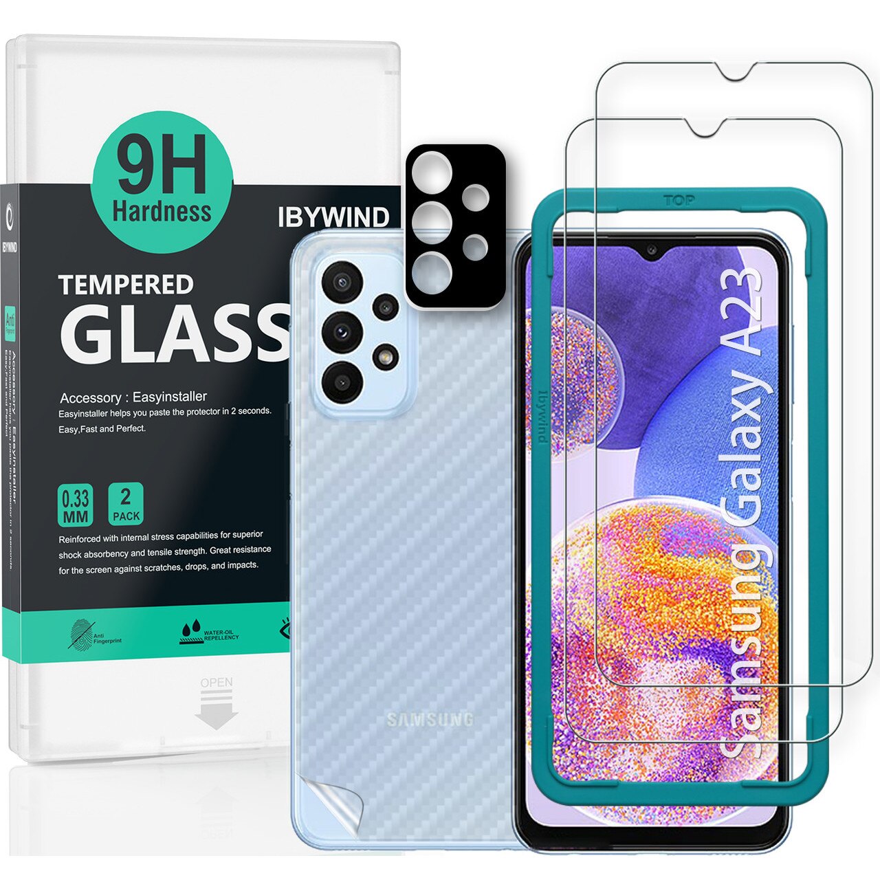 Folie Sticla Ibywind pentru Samsung Galaxy A23 4G/5G, Pachet 2, Sticla Securizata, protectie pentru obiectiv, Montaj Usor, Duritate Militara, Ultra HD, Anti Zgarieturi, Anti Socuri