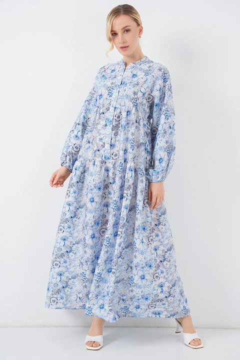 Rochie Maxi Florala dama, Big Dart, Albastru, Viscoza/Nylon, Inchidere cu Nasturi, Maneci Lungi