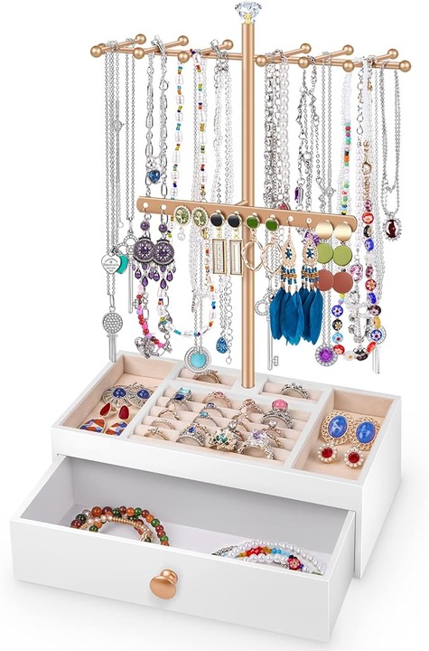 Поставка за бижута 2 в 1 с чекмедже, бял органайзер за колиета, обеци, пръстени, гривни, часовници