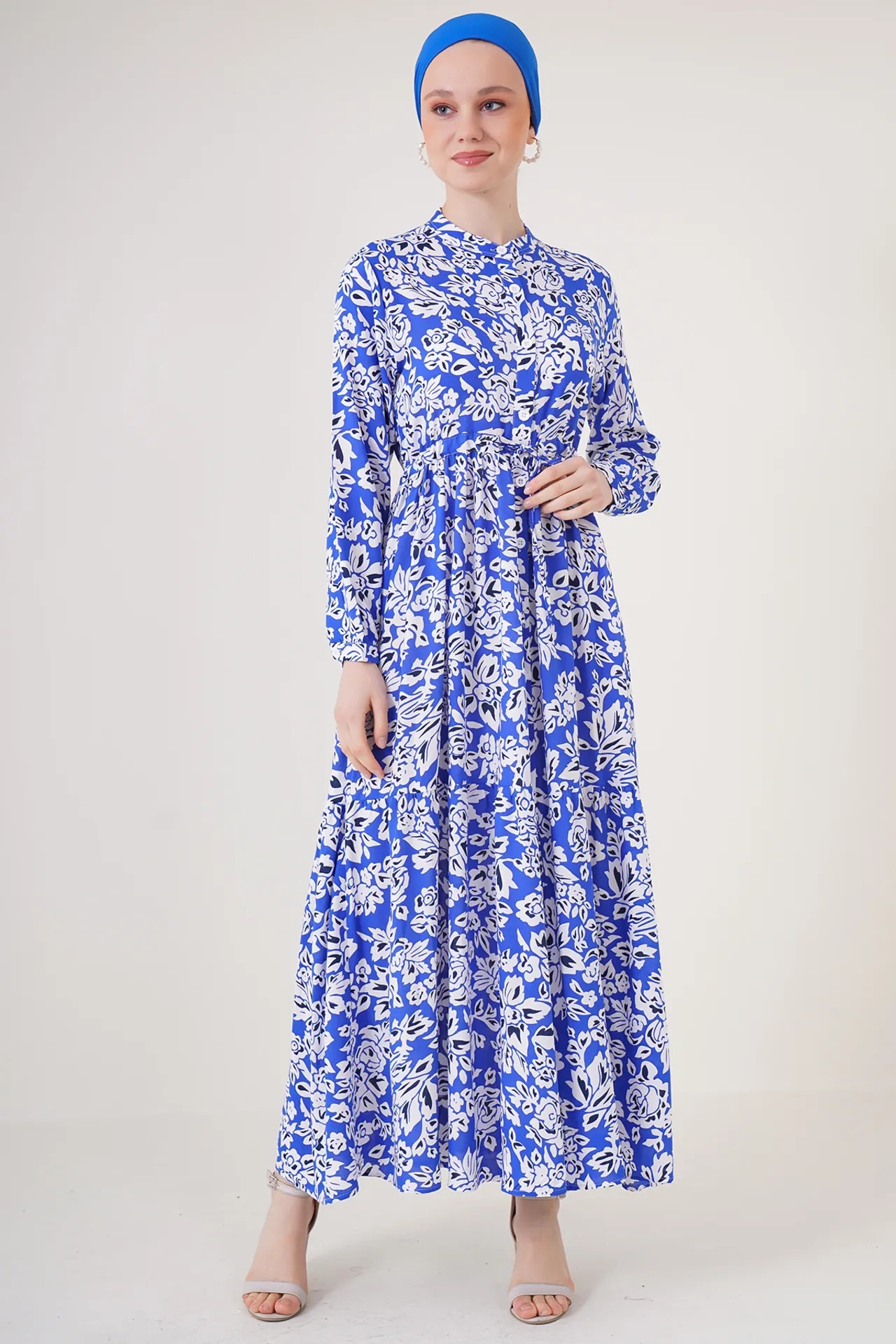 ICHI, Rochie din brocard cu insertie elastica Yesika, Alb/Albastru