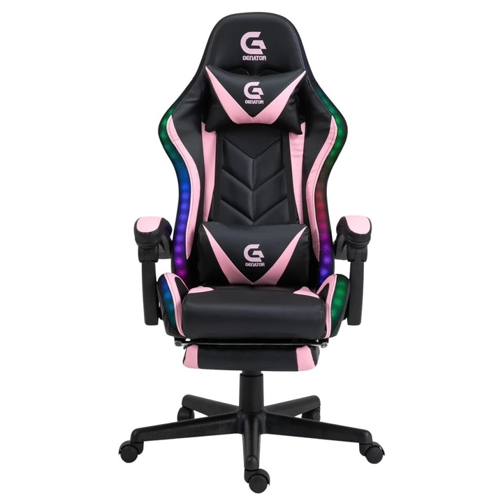 Scaun Gaming TOPSCAUNE®, Iluminare LED RGB Tip Banda Cu Telecomanda, Masaj Vibrator In Perna Lombara, Suport Picioare Retractabil, Spatar Ergonomic Recliner 90-135°, Perne Lombara Si Cervicala Reg labile, Tapiterie Piele Ecologica Rezistenta, Negru/Roz