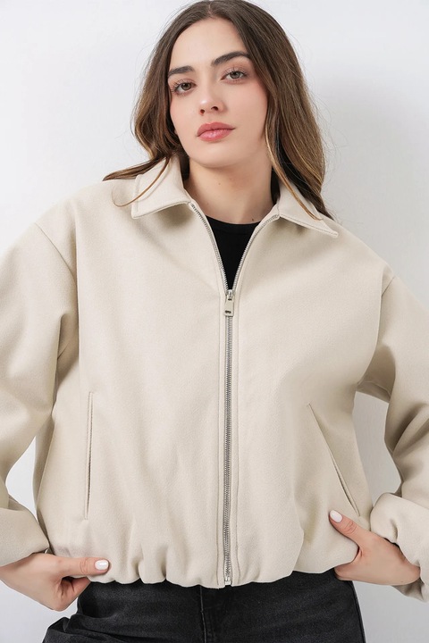 Geaca bomber Big Dart, bej, textil, cu fermoar si buzunare