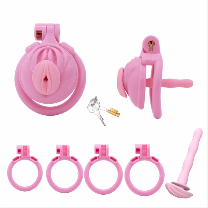 Cusca de Castitate Platã pentru Barbati – Cusca Penis Usoara cu Cateter din Silicon Detasabil, 4 Inele Interchangeabile si Blocare Ascunsa, Jucarie Intima pentru Adulti