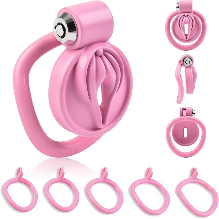 Casca de Castitate pentru Barbati – Cusca Penis din ABS cu 5 Inele Interschimbabile, Sistem de Blocare cu Cheie si Apasare, Jucarie Intima pentru Adulti, pentru Barbati si Cupluri (Roz)