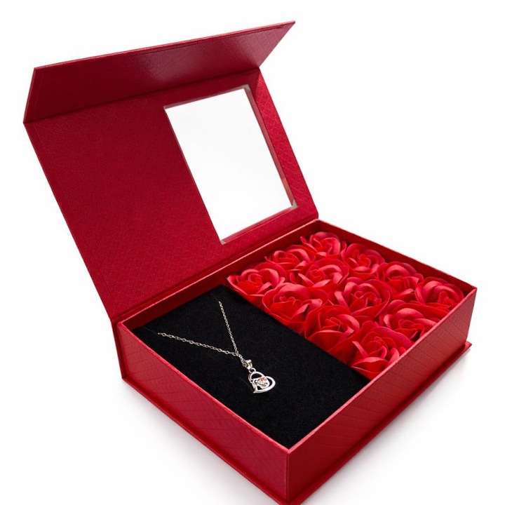 Подаръчна кутия Love Forever, 12 изкуствени рози, включено колие, романтична и елегантна, червена