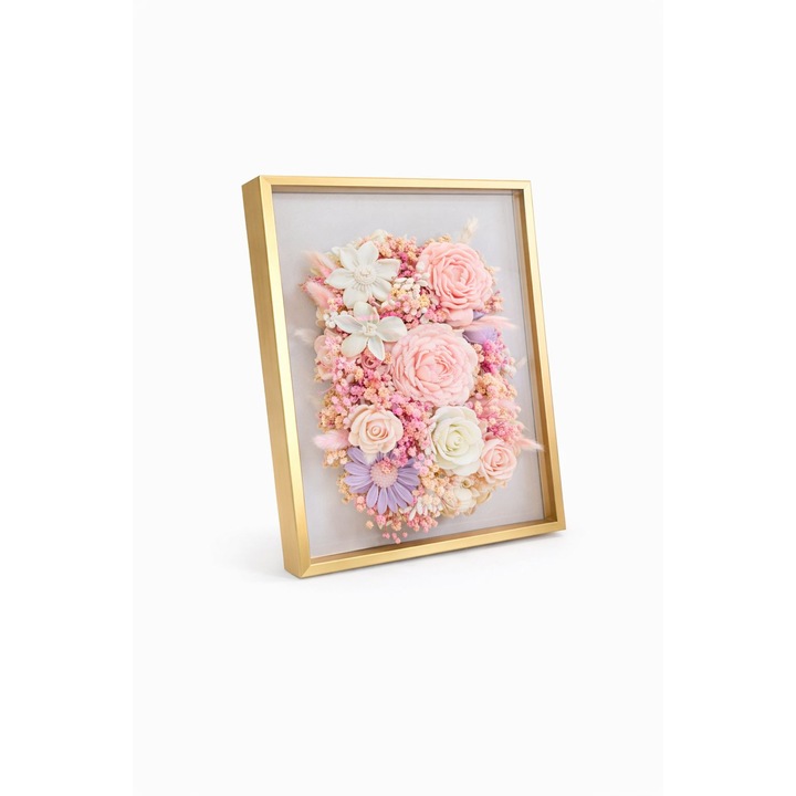 Tablou decorativ floral 3D, flori din ceară naturală parfumata, cadru auriu, 30x40cm