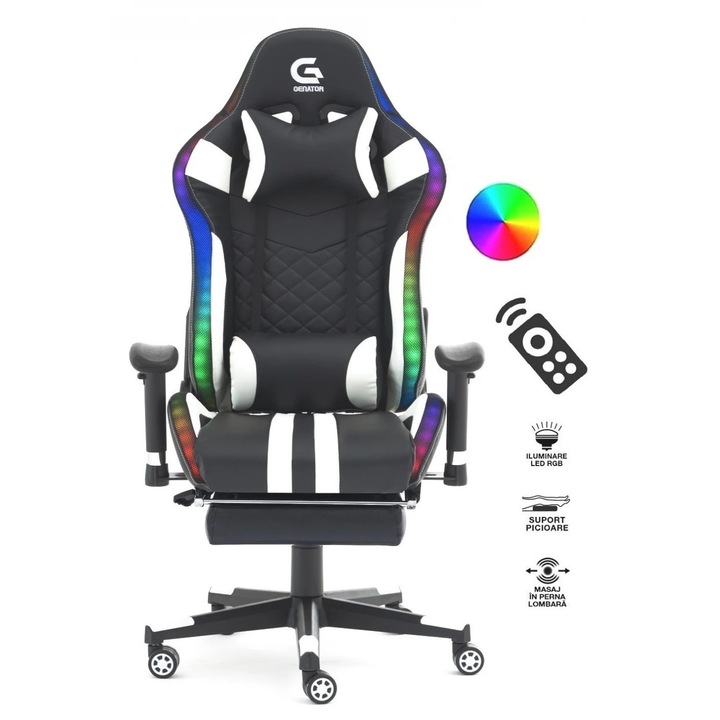 Scaun Gaming TOPSCAUNE®, Iluminare LED RGB Tip Banda Cu Telecomanda, Masaj In Perna Lombara, Functie Sezlong Recliner 90-180°, Suport Picioare Retractabil, Cotiere 2D Reglabile, Spatar Ergonomic, Tapiterie Piele Ecologica Rezistenta, Negru/Alb