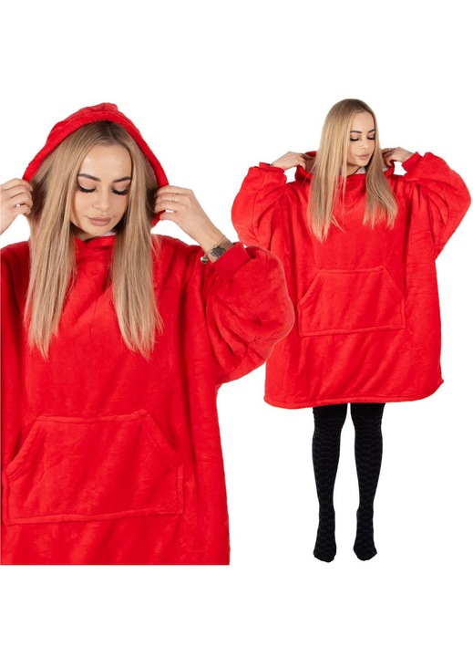 Hanorac tip patura oversize din fleece moale, cu gluga si buzunar mare, rosu
